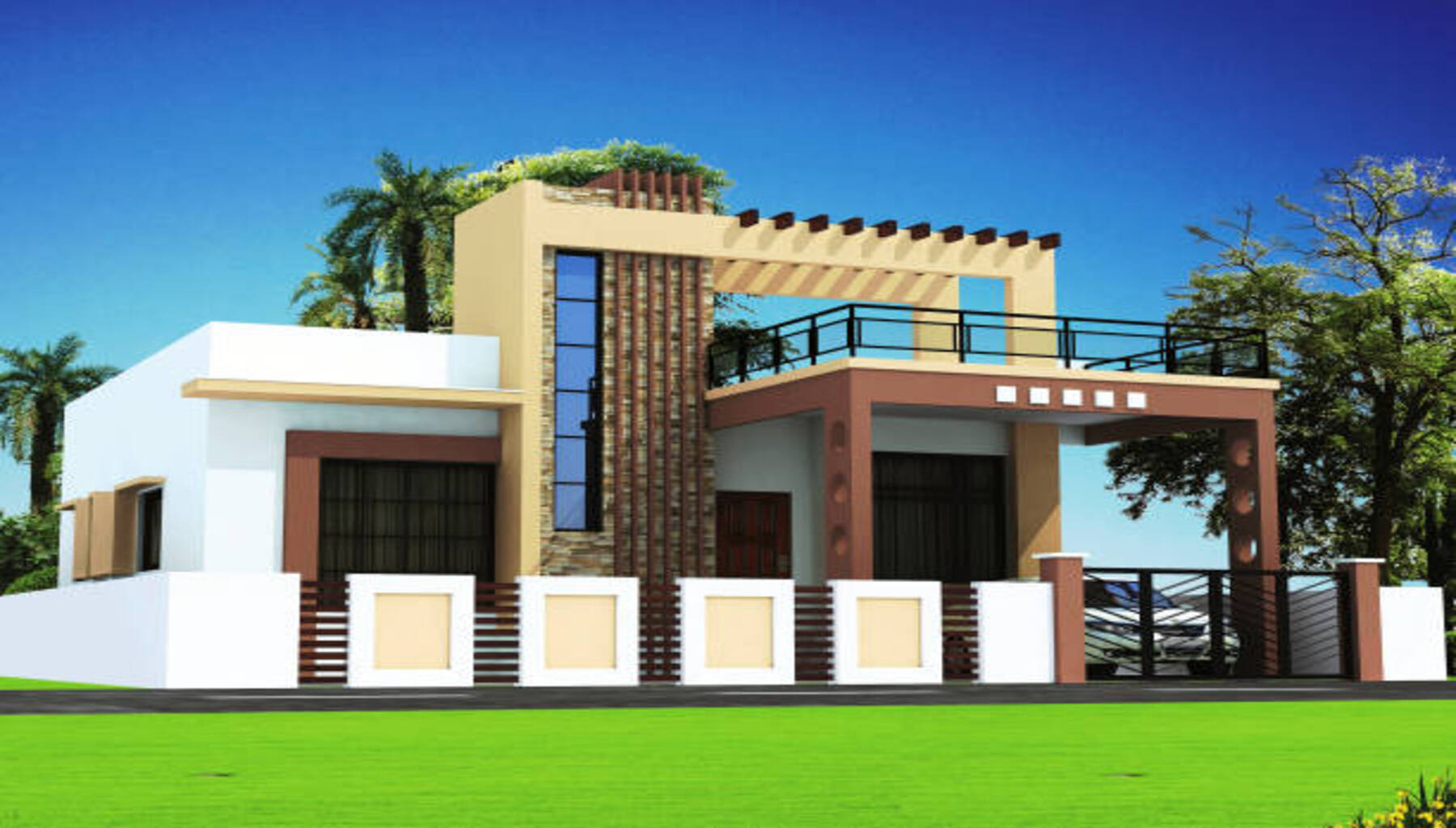 A 3D rendering of a house with an abstract exterior design and a car